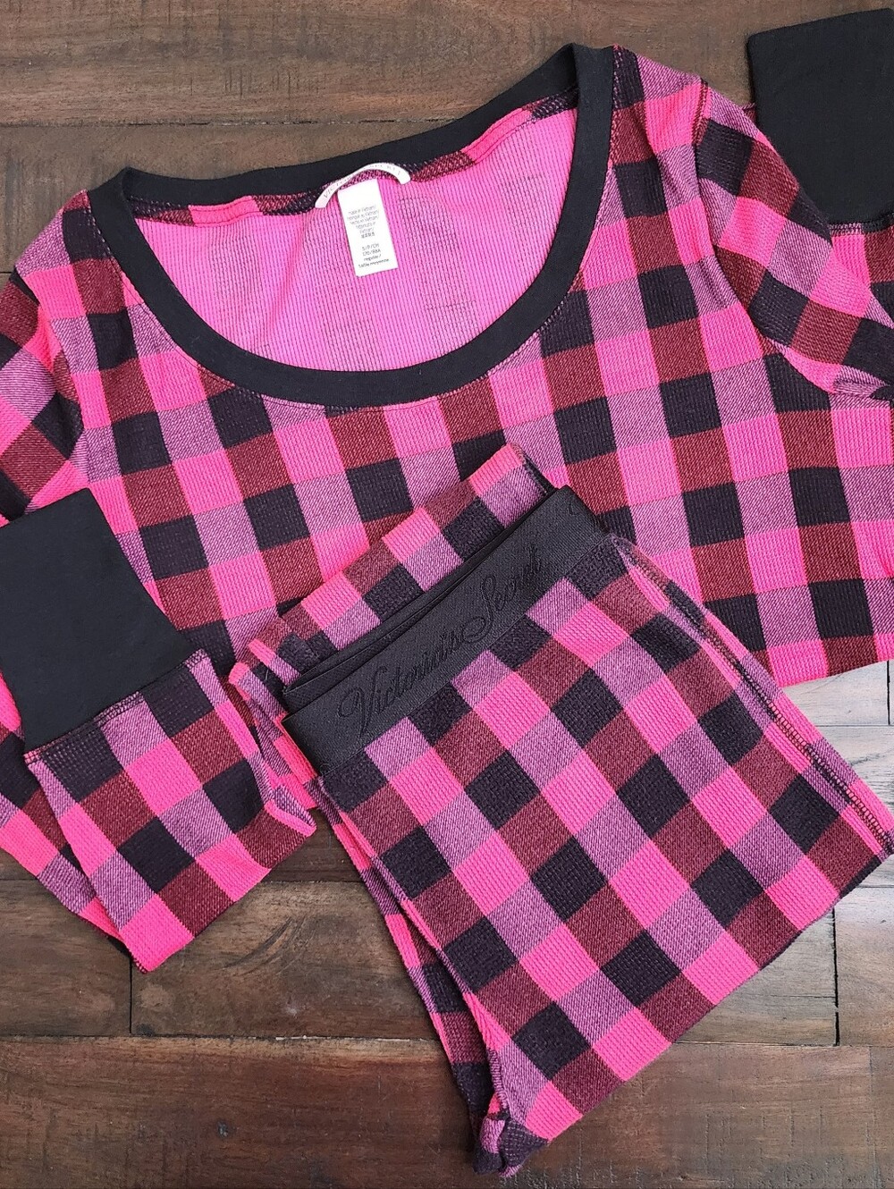 Victoria's Secret Pink & Black Checkered Waffle Knit Top & Pants Sleep Set Smal